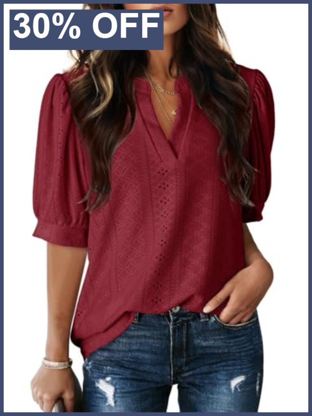 Dokotoo Womens V Neck Puff Short Sleeve Blouse Loose Fit Casual Work Top